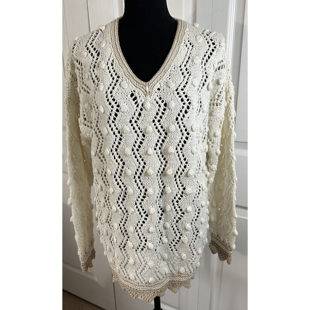 Express Tricot Womens Sz S Off White Open Handknitted Heavy Pullover Sweater EUC